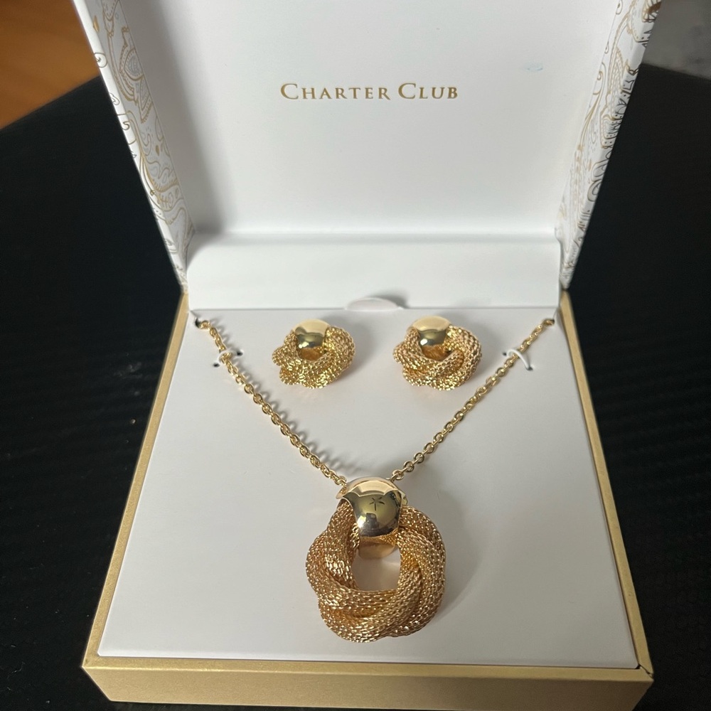 Charter Club Gold Tone Paved Woven Necklace & Earring Set